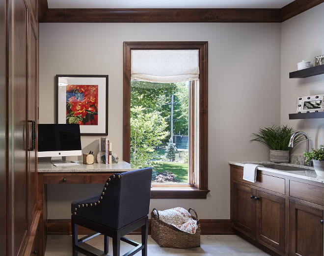 Wood cabinet. Mudroom wood cabinet. The mudroom wood cabinets are Alder. Cabinet stain is Valspar Antique Mahogany laundry-room-cabinet #mudroom #woodcabinet #Alder #Cabinetstain #Valspar #AntiqueMahogany Vivid Interior Design. Hendel Homes