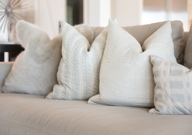 Light blue pillows. Custom pillows make all the difference on this RH sectional. Print fabrics from Veere Grenney collection for Schumacher. Loloi Rug's fur pillow adds that luxurious touch. #Lightblue #pillows #Lightbluepillows light-blue-pillows