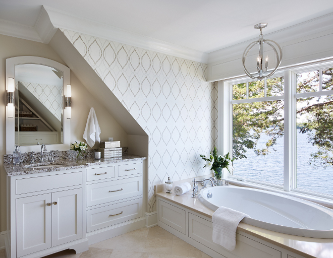 Benjamin Moore HC-84 Elmira White. Bathroom wall paint color is a neutral, soft beige paint color Benjamin Moore HC-84 Elmira White. Wallpaper is Harlequin. #neutral #softbeige #paintcolor #BenjaminMoore #HC84 #ElmiraWhite #BenjaminMooreHC84ElmiraWhite Vivid Interior Design. Hendel Homes