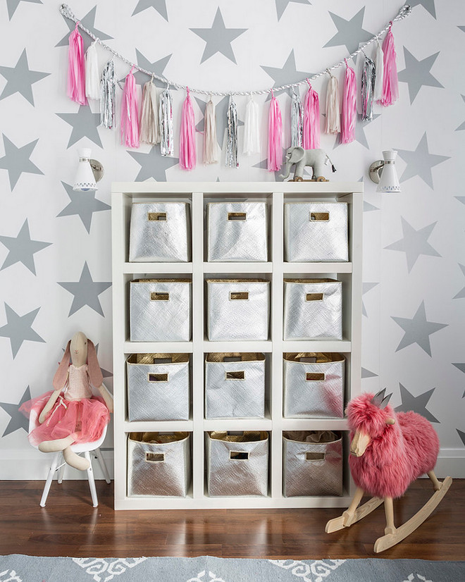 Playroom Nursery Storage. Playroom Nursery Storage Ideas. The shelf is from Ikea and the storage bins are available at Serena & Lily. #Playroom #Nursery #Storage #PlayroomStorage #NurseryStorage Sissy+Marley