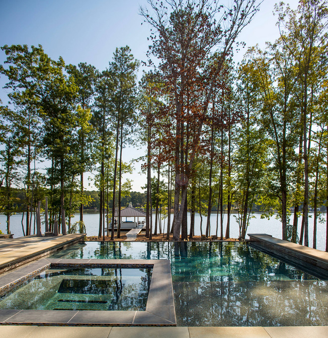 Pool and spa. Pool and spa layout. Lakehouse backyard with pool and spa. #Pool #Spa Heather Garrett Design