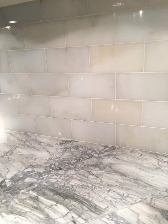 Quartzite Countertop with Marble Backsplash. Marble Backsplash: Polished Carrara Subway Tiles. Quartzite countertop is SuperWhite Quartzite. #Backsplash #PolishedCarraraSubwayTiles # Quartzite #countertop #SuperWhiteQuartzite Tile Beautiful Homes of Instagram Sumhouse_Sumwear