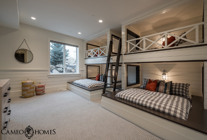 Shiplap Bunk room. Bunk room with shiplap walls. Shiplap Bunk room and shiplap behind bunk beds. Shiplap Bunk room. #Shiplap #Bunkroom #bunkbeds #shiplapbunkroom Cameo Homes