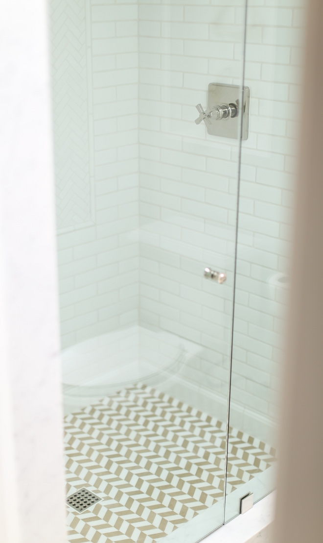 Shower Herringbone floor tile and subway wall tile. Shower with Herringbone Tile: White thassos and Bordeaux Jaune limetsone. Wall Tile: 2x4 hand pressed subway tile. #herringbone #shower #tile #subwaytile Winkle Custom Homes. Melissa Morgan Design. Ryan Garvin Photography