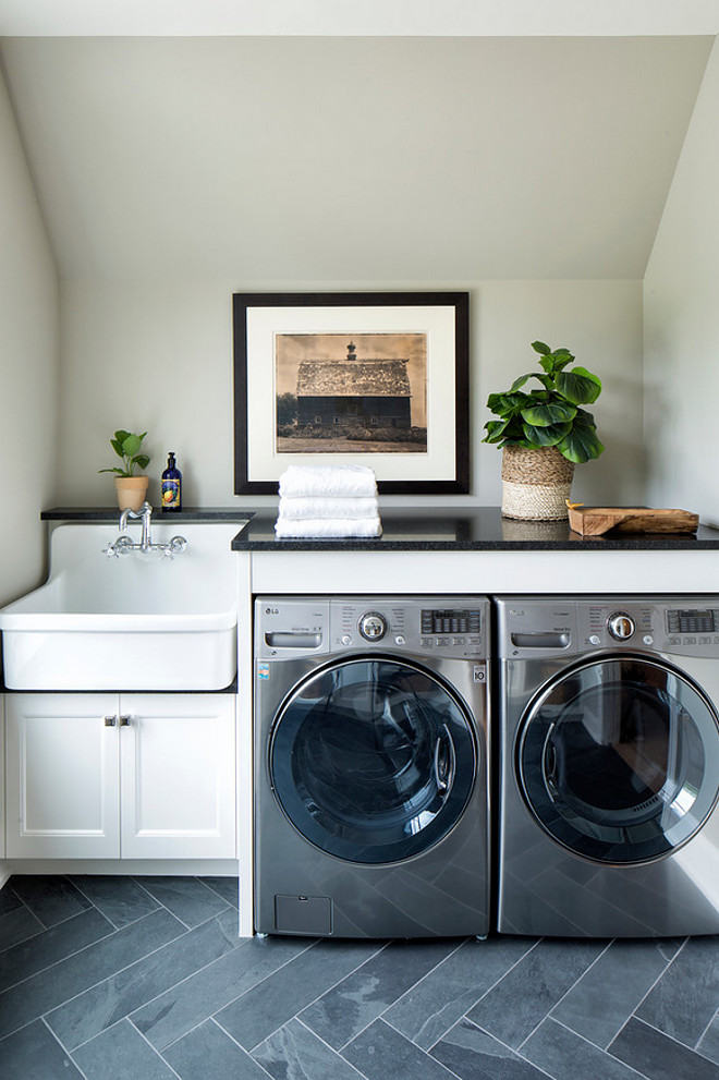 Laundry Room Nook. Laundry Room Nook with slate tile. #LaundryRoomNook slate-herringbone-tile