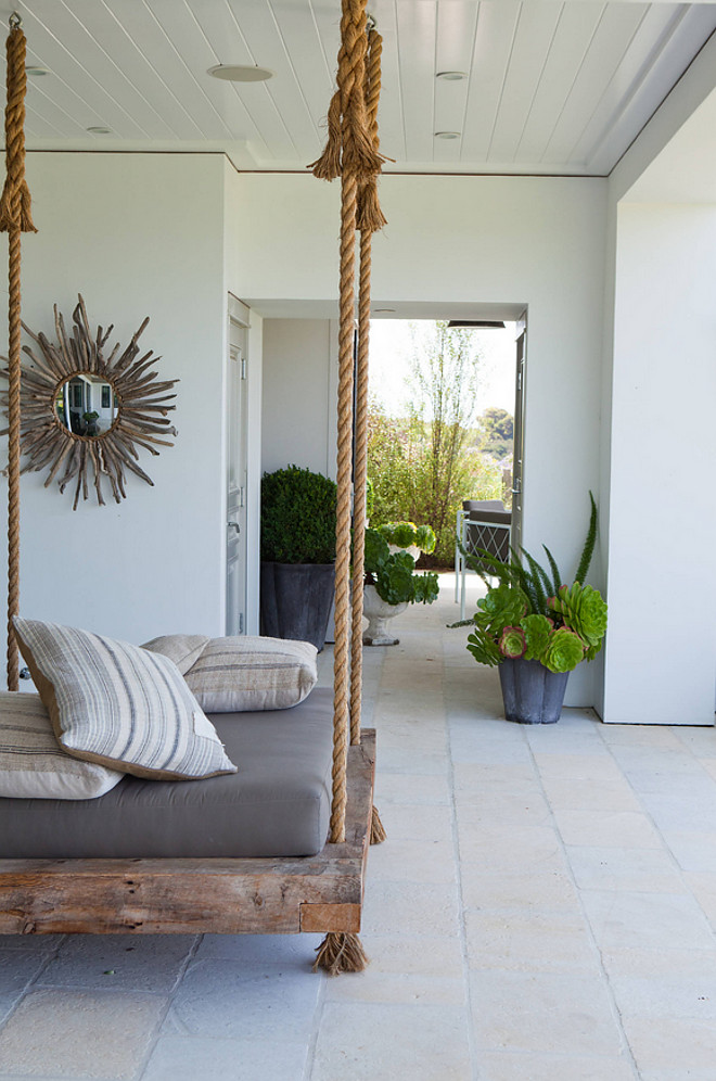 Swing daybed. Reclaimed wood swing daybed made of reclaimed beams. Rustic Reclaimed Wood Swing Daybed made of reclaimed wood ceiling beams and rope #Rustic #Swingdaybed #ReclaimedWood #Swing #Daybed #reclaimedwood #beams #rope Molly Wood Garden Design