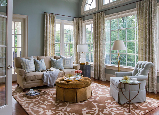 Tailored living room with blue gray walls painted in Benjamin Moore Gray Wisp. tailored-living-room-with-blue-gray-walls-and-floor-to-ceiling-windows-livingroom-bluegray-floortoceiling-windows Benjamin Moore Gray Wisp #BenjaminMooreGrayWisp Home Bunch Beautiful Homes of Instagram bluegraygal