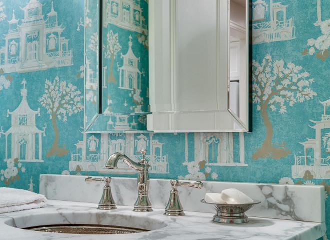 Powder room vanity. The vanity is custom made and has a marble countertop. The mirror is from One Kings Lane. Faucet is by Kohler. #powderroom #vanity #marble #countertop vanity-is-custom-made-and-has-a-marble-countertop Ivy House Interiors