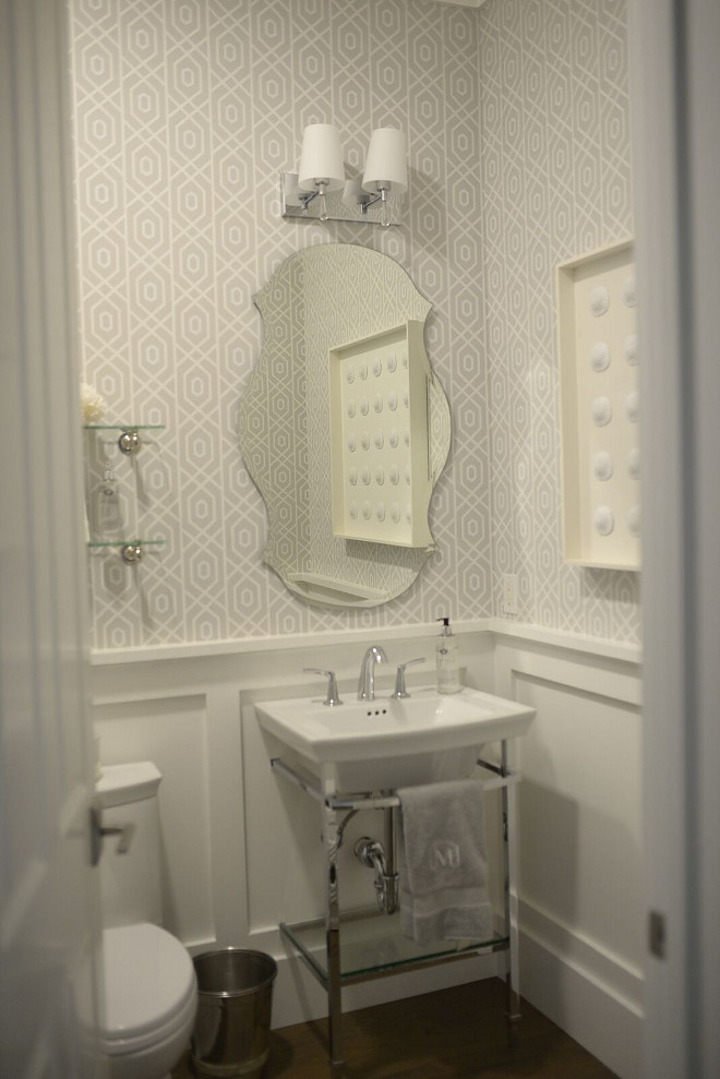White and gray interiors. White and gray powder room. Look at this picture and you will understand why grey and white interiors are so trendy right now. Wallpaper is Thibaut Prescott Gray. White and gray Wallpaper is Thibaut Prescott Gray. white-and-gray-powder-room #whiteandgrayinteriors #whiteandgray #interiors #whiteandgraywallpaper #whiteandgraypowderoom #powderroom #interiors Eye for the Pretty