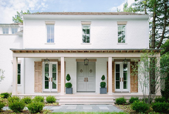 Brick Exterior Home with Grey Door & Shutters white-brick-house-with-grey-front-door-grey-front-door-paint-color-is-cape-may-cobblestone-from-benjamin-moore Kate Marker Interiors