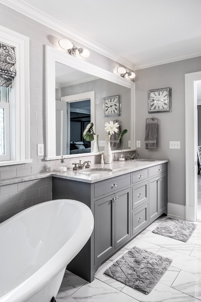 The grey cabinet paint color is Benjamin Moore Kendall Charcoal. #greycabinet #paintcolor #BenjaminMooreKendallCharcoal Quartersawn Design Build