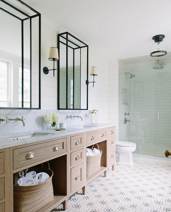 Bathroom Cement Tile and Shiplap Paneled Walls. Bathroom Cement Tile and Shiplap Paneled Walls. Bathroom Cement Tile and Shiplap Paneled Walls #Bathroom #CementTile #Shiplap #PaneledWalls bathroom-cement-tile-and-shiplap-paneled-walls Kate Marker Interiors via Instagram.