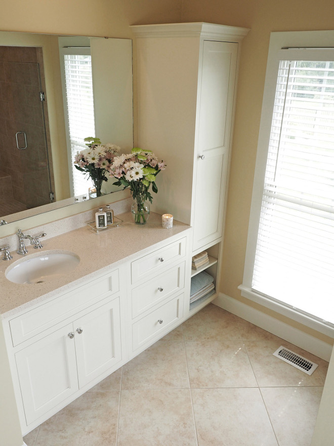 Bathroom Quartz Countertop. Vanity for “her” with Cambria, Cardiff Cream countertops. #Bathroom #quartz #countertop #Cambria #CardiffCream Home Bunch Beautiful Homes of Instagram wowilovethat