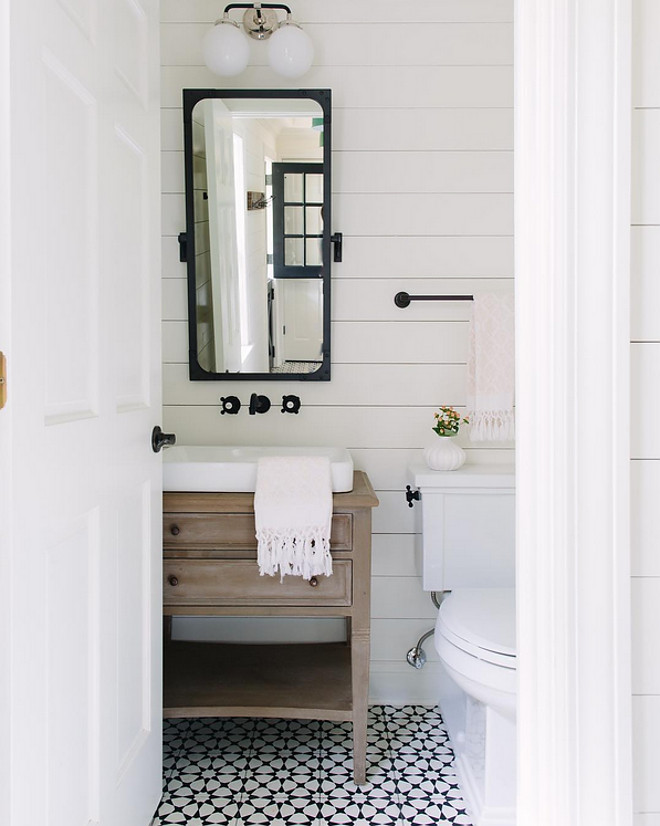 Bathroom shiplap wall, cement floor tile and whitewashed white oak vanity. Bathroom shiplap wall, cement floor tile and whitewashed white oak vanity. #Bathroom #shiplap #wall #cementfloor #cementtile #whitewashed #whiteoak #vanity bathroom-shiplap-wall-cement-floor-tile-and-whitewashed-white-oak-vanity Kate Marker Interiors via Instagram.