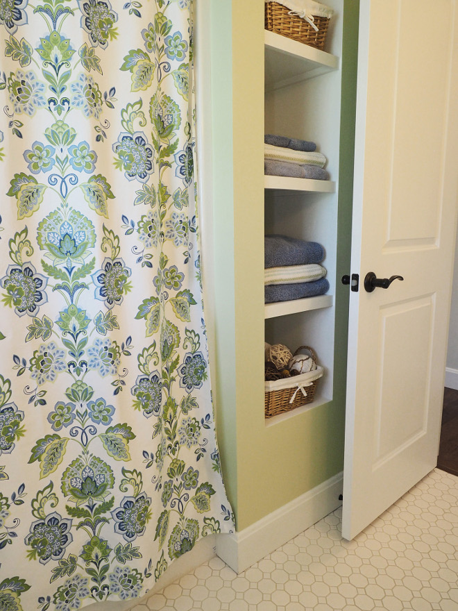 Bathroom ideas. Bathroom with open shelving in place of a linen closet. Shower curtain is Cynthia Rowley from TJMaxx. Bathroom ideas #Bathroomideas #Bathroom #ideas Home Bunch Beautiful Homes of Instagram wowilovethat