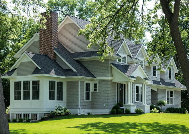 Benjamin Moore Thunder Grey exterior paint color. White trim paint color is Benjamin Moore White Dove. #BenjaminMooreThunder #Greyexteriorpaintcolor #Whitetrim #BenjaminMooreWhiteDove Hendel Homes