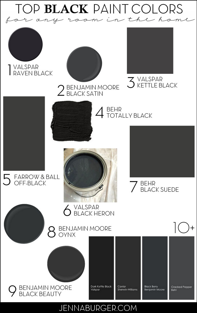 Great Door, Cabinet & Window Trim Black Paint Colors: Valspar Raven Black. Benjamin Moore Black Stain. Valspar Kettle Black. Farrow and Ball Off-Black. Behr Totally Black. Valspar Black heron. Behr Black Suede. Benjamin Moore Onyx. Benjamin Moore Black Beauty. Valspar Dark Kettle Black. Sherwin Williams Caviar. Benjamin Moore Black Berry. Behr Cracked Pepper. #BlackDoor #paintcolor #blackpaintcolor #BlackCabinetpaintcolor #Blackwindowpaintcolor #blackTrimpaintcolor #BlackPaintColors Via Jenna Burger