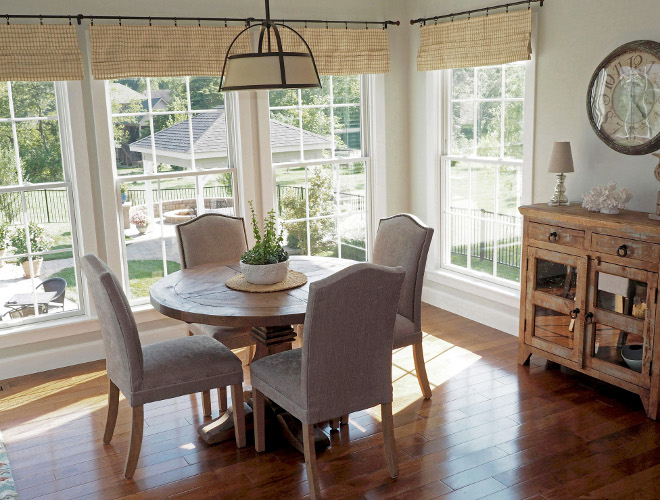 Breakfast Room Windows. The breakfast room depth was enlarged to 12’8” x 9’8” and the windows were added on the back wall verses a sliding door that was shown on the original plans. I moved the slider to the side wall which walks out onto the deck. This table is the Salvaged Wood Trestle Table from Restoration Hardware, Natural finish. #Breakfastroomwindows #Breakfastroom #windows Home Bunch Beautiful Homes of Instagram wowilovethat