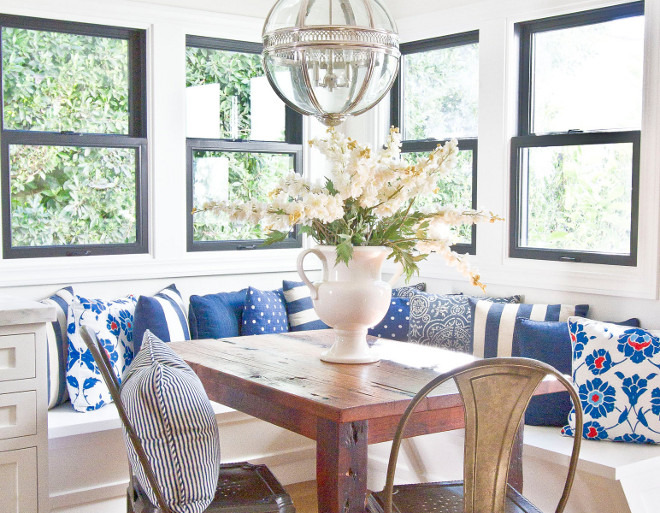 Breakfast room banquette pillows. Breakfast room banquette pillows. Breakfast room banquette blue and white pillows. breakfast-room #Breakfastroom #banquette #pillows Home Bunch Beautiful Homes of Instagram Bryan Shap @realbryansharp