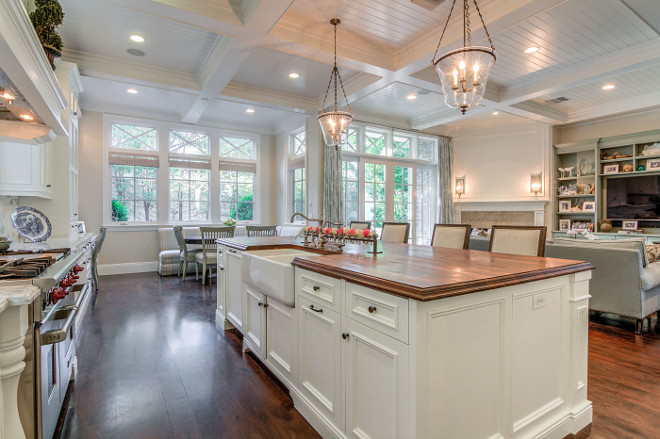 Classic kitchen with beadboard coffered ceiling. Classic kitchen with beadboard coffered ceiling opens to family room. classic-kitchen-with-beadboard-coffered-ceiling #Classickitchen #beadboardceiling #cofferedceiling Matt Morris Development