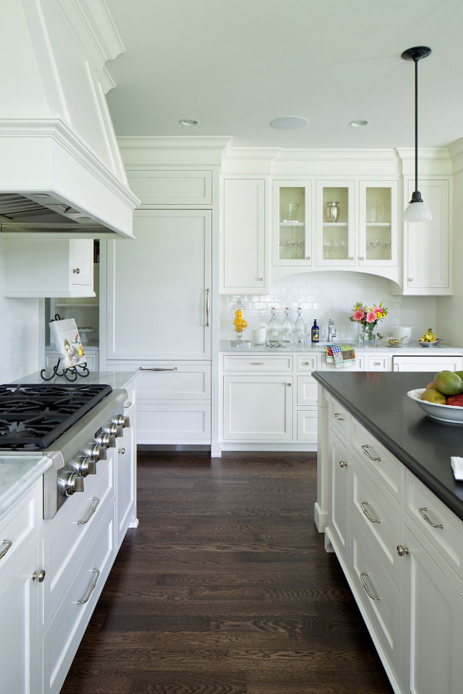 Dark Stained Oak Floor. White kitchen with Dark Stained Oak Floor. Dark Stained Oak Floor #DarkStainedOakFloor #DarkStained #OakFloor #DarkStainedFloor #DarkFloor Hendel Homes