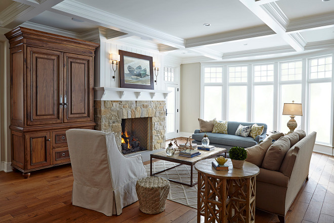 Family Room. Neutral Family Room. The spacious living room features coffered ceiling, floor-to-ceiling windows and a custom walnut media cabinet. Family Room #FamilyRoom family-room Hendel Homes 