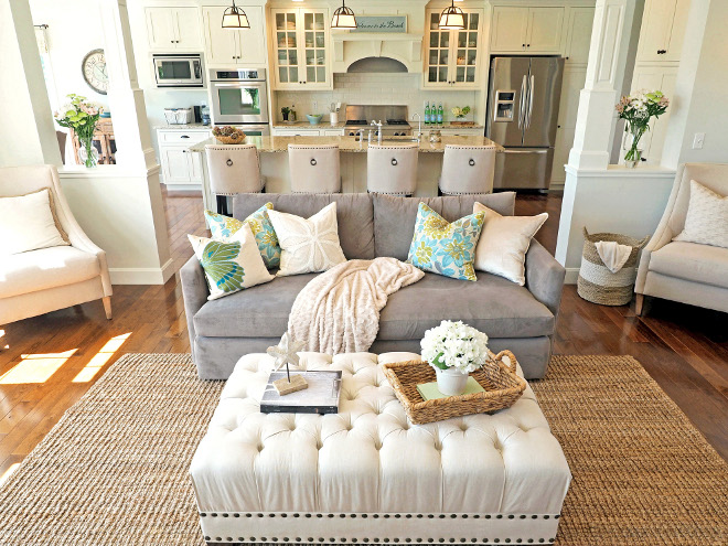 Open Floor Plan. This open concept floor plan was definitely on my list of must haves when we built our home 7 years ago. Cabinet unit surrounds refrigerator in the kitchen. #OpenFloorPlan #livingroomopenfloorplan #kitchenopenfloorplan Home Bunch Beautiful Homes of Instagram wowilovethat