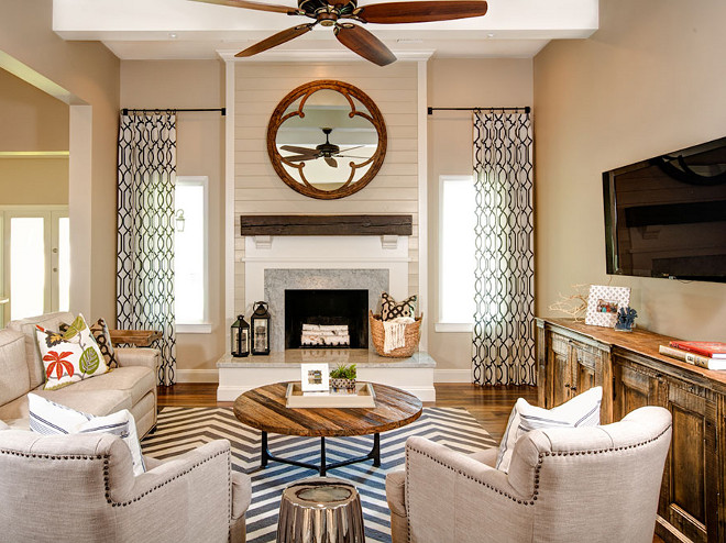 Family room with shiplap fireplace and reclaimed wood furniture and reclaimed wood mirror. Family room with shiplap fireplace and reclaimed wood furniture and reclaimed wood mirror #Familyroom #shiplap #fireplace #reclaimedwood #reclaimedwoodfurniture #reclaimedwoodmirror family-room-with-shiplap-fireplace-and-reclaimed-wood-furniture-and-reclaimed-wood-mirror J & J Design Group, LLC