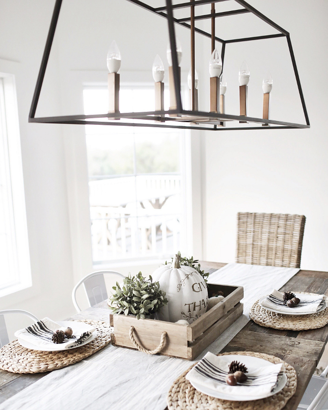 Linear Lighting Kitchen dining area with linear lighting. Linear light is Hinkley Lighting 3338DZ, Fulton Foyer Chandelier, Aged Zinc. #linearlighting #linearlight #linearpendant #hinkleyfulton