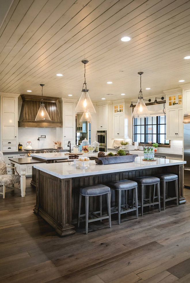 Famrhouse kitchen flooring. Farmhouse kitchen hardwood flooring. Farmhouse Kitchen Flooring: The floors are engineered wood with a silvered wash. The flooring is from LM Flooring - it is from the Nature Reserves collection and called Silverado #farmhousekitchenflooring #farmhouse #kitchen #flooring #hardwoodflooring #hardwood #flooring farmhouse-kitchen-flooring Alicia Zupan