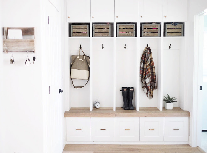 Farmhouse Mudroom. Farmhouse Mudroom: We had these wooden crates in our lockers at the old house, and I knew I wanted to use them again for the new house. I love them that much. ;-) The lockers were pretty much made to fit these crates in the them. #FarmhouseMudroom #Farmhouse #Mudroom #Crates #woodcrates #storage farmhouse-mudroom Beautiful Homes of Instagram @nc_homedesign via Home Bunch