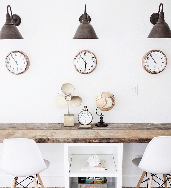 Farmhouse home office. Farmhouse home office lighting. Lights are Restoration Hardware - Vintage French Farmhouse Sconce. #farmhouselighting #farmhouse #farmhouseoffice #homeoffice #farmhouseinteriors Beautiful Homes of Instagram @nc_homedesign via Home Bunch