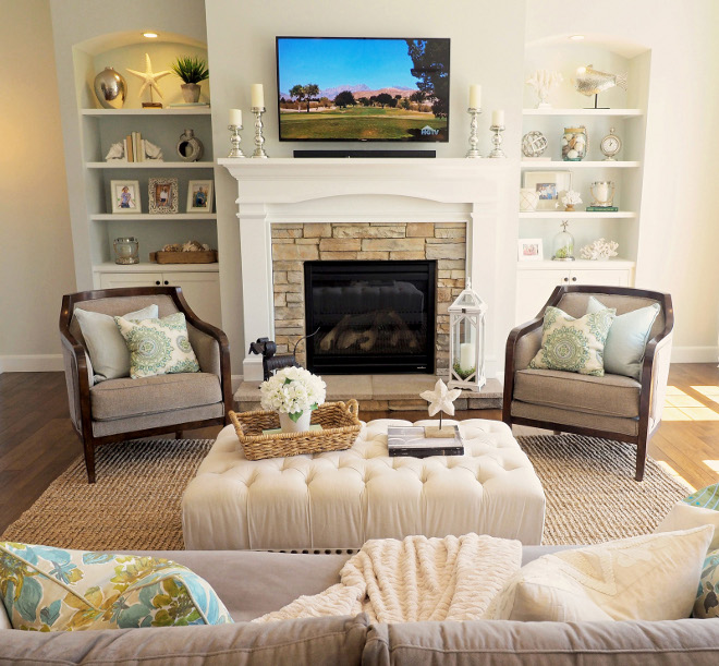 Fireplace bookcase niche. Arched top and recessed light for the shelving with lower cabinet storage. The unit is framed and drywalled with custom sized cabinet. #fireplace #niche #bookcase Home Bunch Beautiful Homes of Instagram wowilovethat