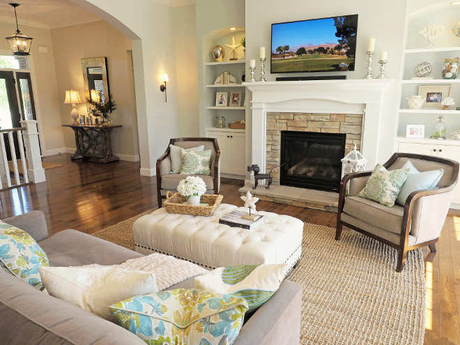 Living room and built in paint color. Wall paint is Sherwin Williams #SW6182 Ethereal White and the face of the fireplace and shelving unit is painted Sherwin Williams, Conservative Gray – #SW6183. Back wall interior of shelving is painted Sherwin Williams, Top Sail - #SW6217. #Wall paint is Sherwin Williams #SW6182 Ethereal White and the face of the fireplace and shelving unit is painted Sherwin Williams, Conservative Gray – #SW6183. Back wall interior of shelving is painted Sherwin Williams, Top Sail - #SW6217. #SherwinWilliamsSW6182EtherealWhite #Sherwin WilliamsSW6183ConservativeGray #Sherwin WilliamsSW6217TopSail Home Bunch Beautiful Homes of Instagram wowilovethat