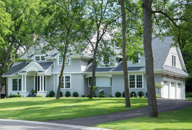 Grey shingle home exterior paint color Benjamin Moore Thunder AF-685. Grey shingle paint color Benjamin Moore Thunder AF-685. #BenjaminMooreThunderAF685 #greyshinglepaintcolor #greyshinglehomepaintcolor #greyexterior #paintcolor Henldel Homes