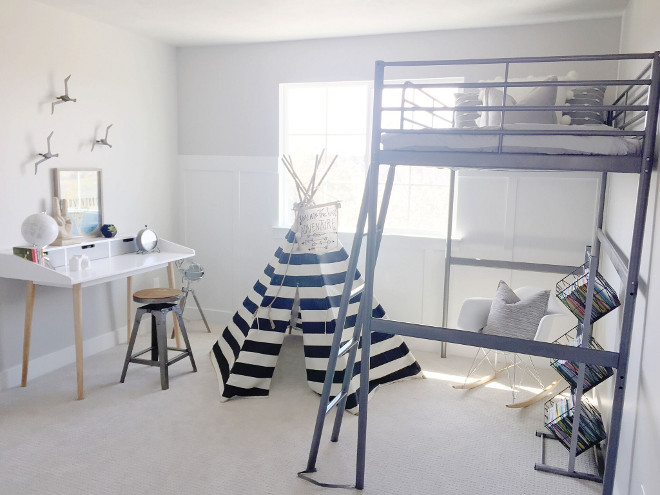 Kids bedroom. This room is so fun! The Rohme bunkbed is from IKEA. The stripe tepee is from B.E. Little You and Me. #kidsbedroom Home Bunch's Beautiful Homes of Instagram janscarpino