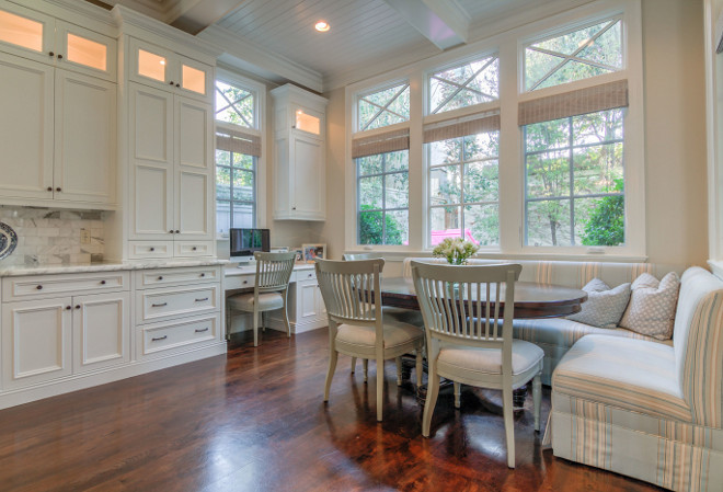 Kitchen Nook with extended kitchen cabinet, kitchen desk and beadboard coffered ceiling. Kitchen Nook. Kitchen Desk. Kitchen cabinet. Beadboard coffered ceiling kitchen-nook-with-extended-kitchen-cabinet-kitchen-desk-and-beadboard-coffered-ceiling #KitchenNook #KitchenDesk #Kitchencabinet #Beadboard #cofferedceiling #windowtransom Matt Morris Development.