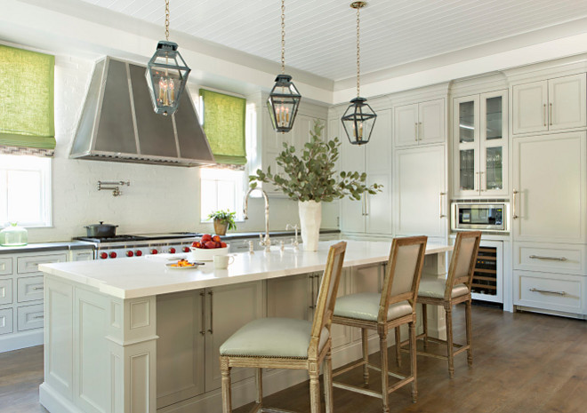 Light Grey Kitchen. Light Grey Kitchen with beadboad ceiling and white quartz countertop. #LightGreyKitchen #LightGrey #Kitchen #beadboadceiling #whitequartz #countertop