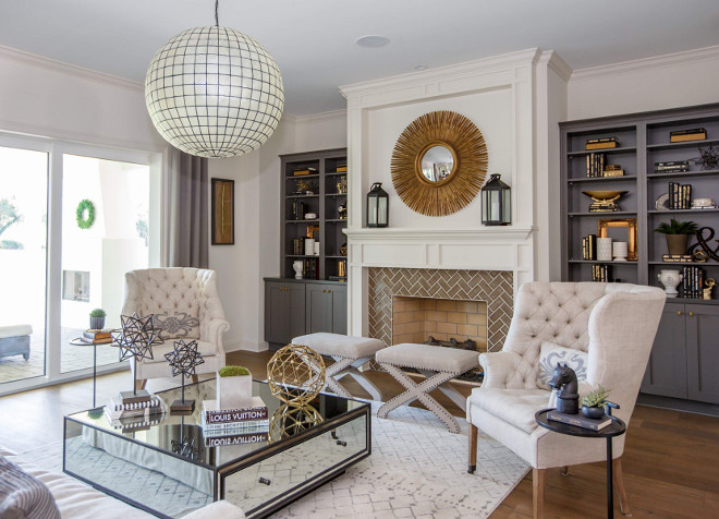 Living room with Grey Built-ins. Living room with Grey Built-ins painted in Sherwin Williams Urbane Bronze. #Livingroom #GreyBuiltins living-room-with-grey-builtins Cottage Home Company