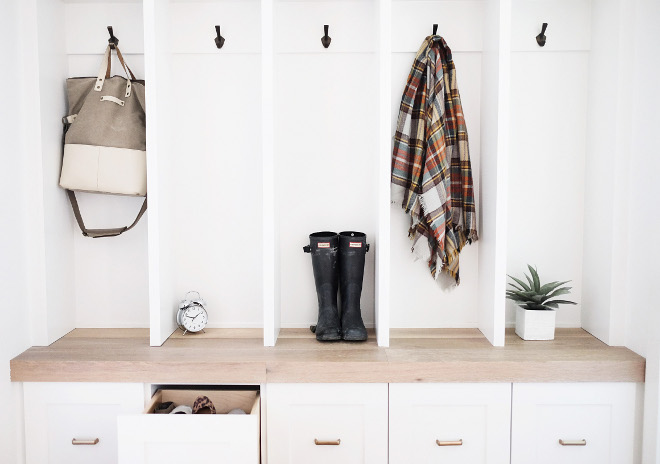 Mudroom wood bench. Our carpenters used our hardwood flooring to make the bench for the lockers. #bench #mudroombench Beautiful Homes of Instagram @nc_homedesign via Home Bunch