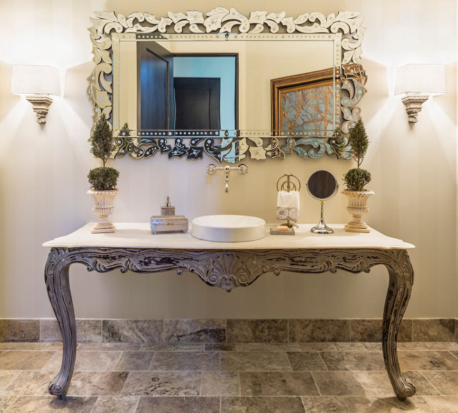 French bathroom vanity countertop. Vanity countertop is 72" honed Kashmire Cream Granite. #Frenchbathroom #vanity #countertop #KashmireCream #Granite #Honedgranite Hendel Homes