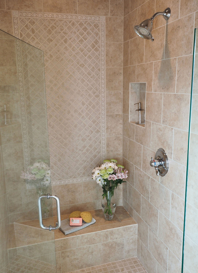 Shower tile combination. Shower and floor tile is Dal-Tile, style is Brixton and the color is Sand. The color on the center design in the shower is bone (same tile series.) #Shower #tile #tilecombination #daltile Home Bunch Beautiful Homes of Instagram wowilovethat