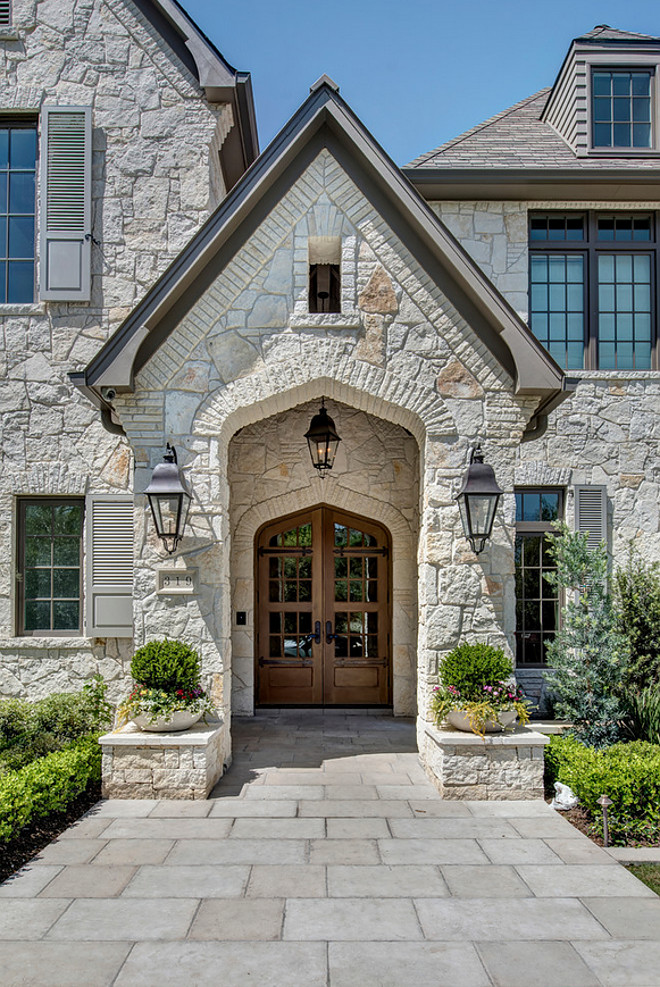 Modern French Country stone veneer exterior front porch home