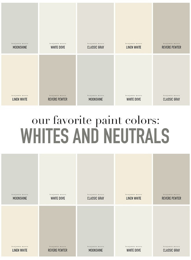 Interior Designer Favorite Whites and Neutrals Paint Colors by Benjamin Moore. Benjamin Moore Moonshine. Benjamin Moore White Dove. Benjamin Moore Classic Gray. Benjamin Moore Linen White. Benjamin Moore Revere Pewter. Benjamin Moore Linen White. Benjamin Moore Revere Pewter. Benjamin Moore Moonshine. Benjamin Moore White Dove. Benjamin Moore Classic Gray. whites-and-neuyral-paint-colors-via-summerhouse-interiors