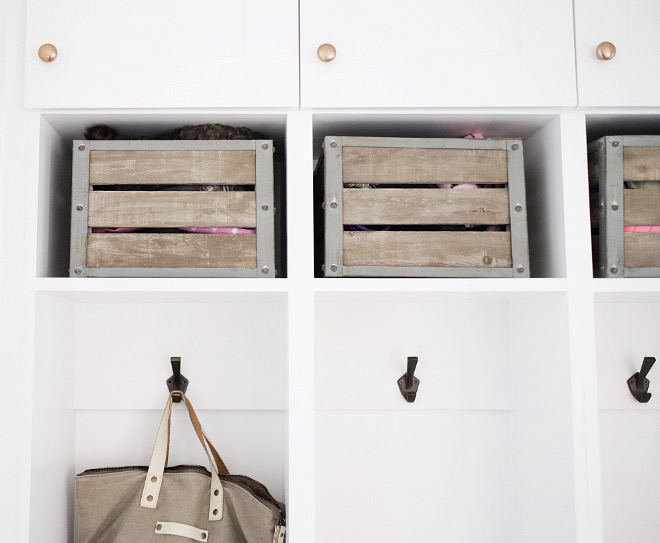 Mudroom storage. Mudroom wooden crates. Farmhouse mudroom with wooden crates. The wooden crates are World Market's Sebastian Crates. #mudroom #storage #woodencrates #crates mudroom-wooden-crates-world-market Beautiful Homes of Instagram @nc_homedesign via Home Bunch