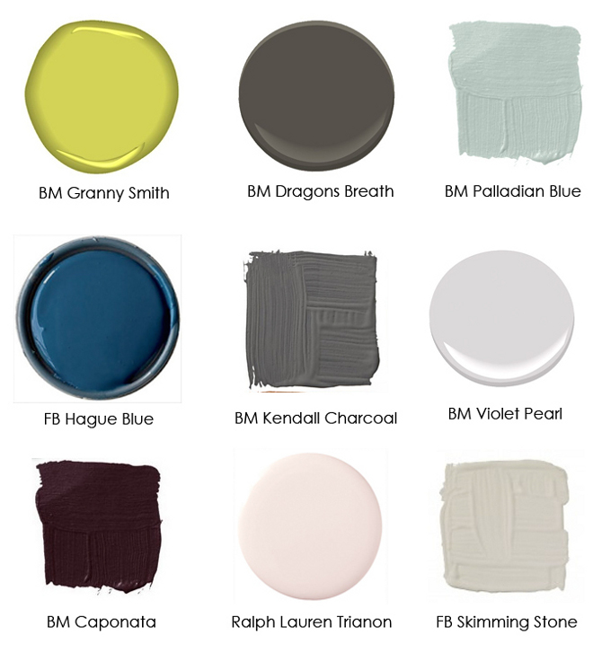 Benjamin Moore Granny Smith. Benjamin Moore Dragons Breath. Benjamin Moore Palladian Blue. Farrow and Ball Hague Blue. Benjamin Moore Kendall Charcoal. Benjamin Moore Violet Pearl. Benjamin Moore Caponata. Ralph Lauren Trianon. Farrow and Ball Skimming Stone. #Transitionalpaintcolors #paintcolors #colorpalette