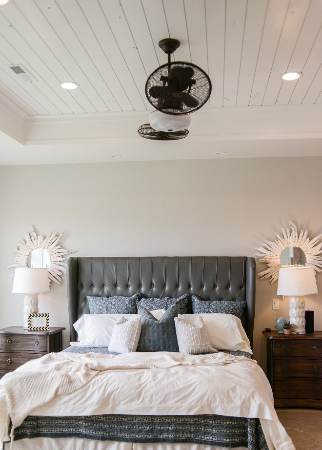 Bedroom Ceiling. The master bedroom features tray ceiling with pine shiplap painted in white. #Bedroomceiling #shiplapbedroomceiling #pineshiplap Millhaven Homes