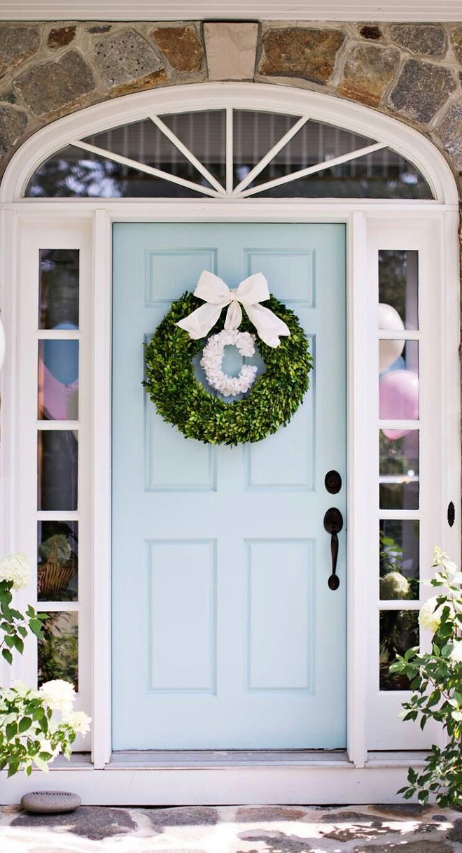  Benjamin Moore Spring Rain. We painted our front door Benjamin Moore Spring Rain because I had been dreaming of a Tiffany blue front door. Benjamin Moore 723 Spring Rain #BenjaminMooreSpringRain #BenjaminMoore #SpringRain #BenjaminMoorePaintColor #Bluedoor #paintcolor #Tiffanybluefrontdoor #Tiffanyblue #frontdoor Beautiful Homes of Instagram peonypartydesigns