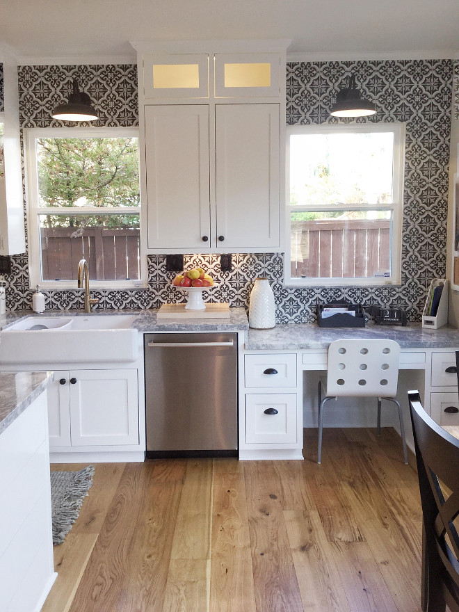 Black and white cement tile backsplash. Farmhouse kitchen with Black and white cement tile backsplash. The backsplash is Merola tile from Home Depot called Baraga Classic. #Blackandwhitecementtilebacksplash #cementtilebacksplash #farmhousekitchen #cementtile Jordan from @i_heart_home_design via Instagram.