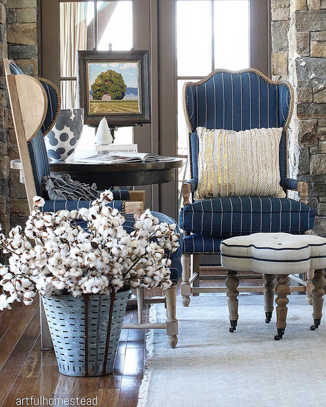 This is how I do neutrals, navy and woods. How do you do neutrals? Navy striped chairs are from Anthropology. blue-chairs Home Bunch's Beautiful Homes of Instagram @artfulhomestead